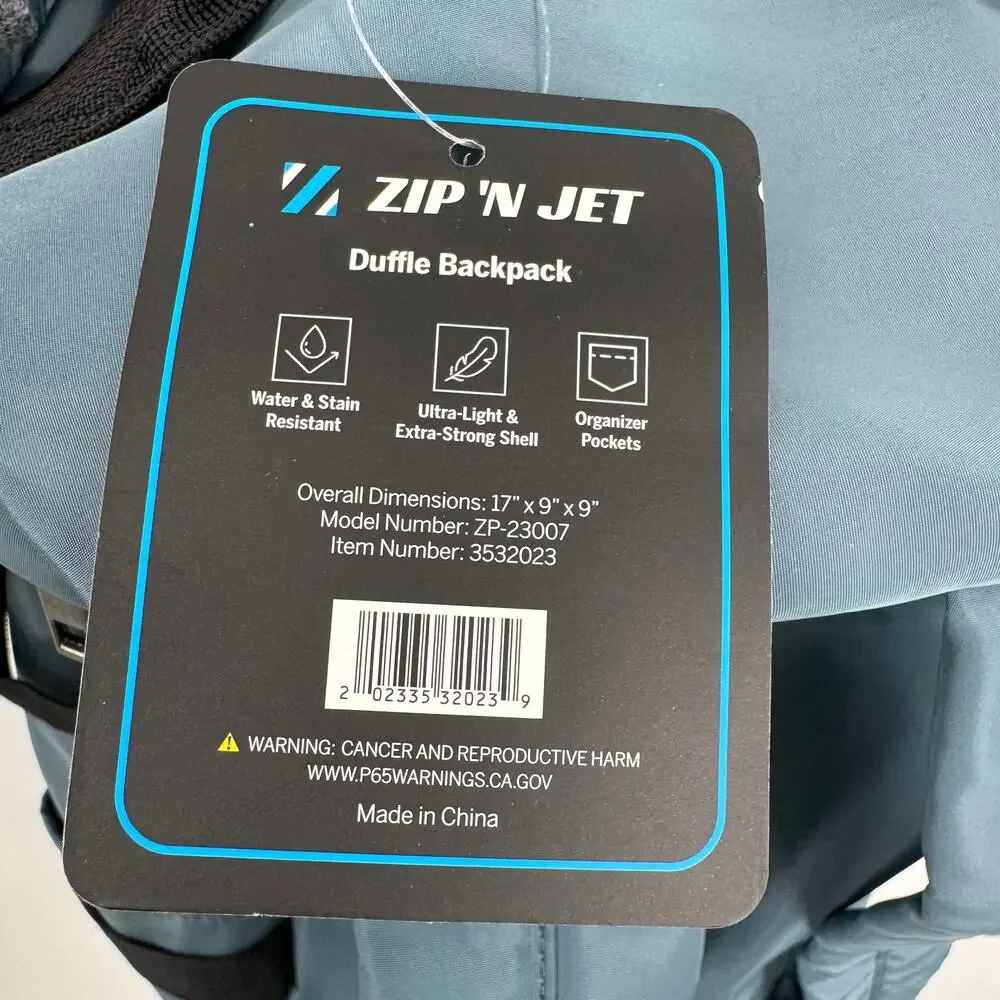 Zip 'N Jet duffle backpack convertible water and stain resistant lightweight NEW